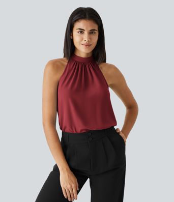 Keyhole Back Halter Sleeveless Curved Hem Work Blouse