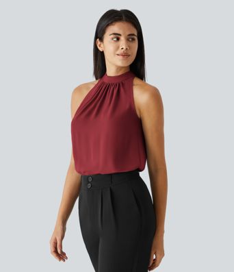Keyhole Back Halter Sleeveless Curved Hem Work Blouse