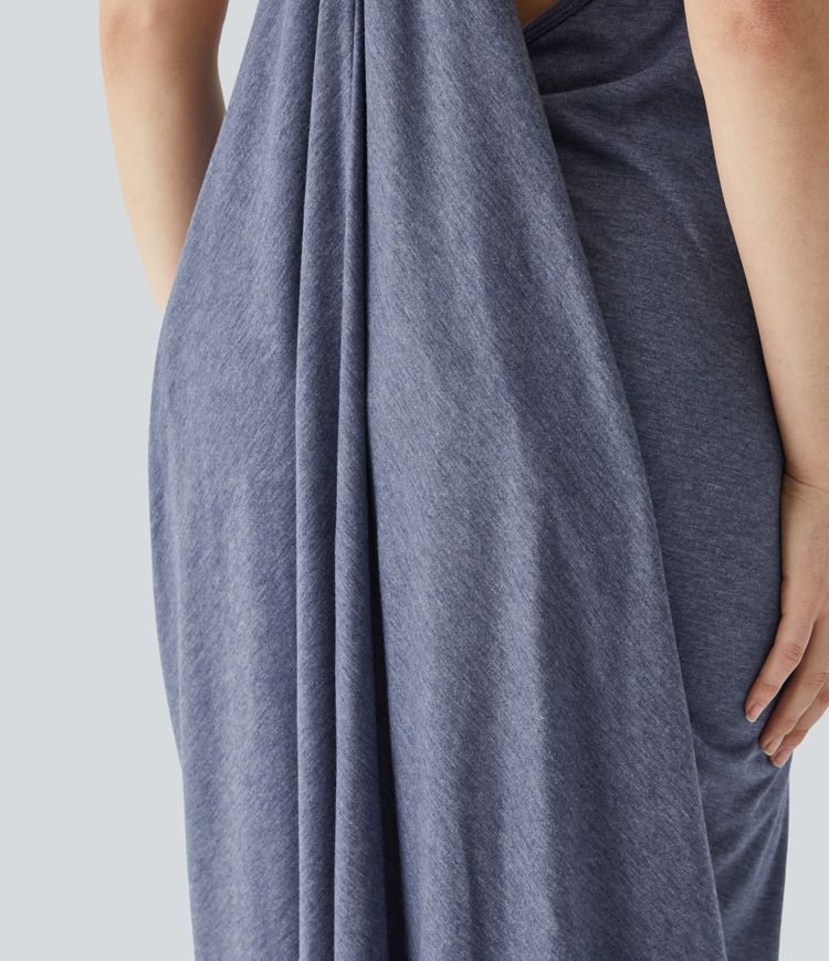 V Neck Tie Back Ruched Maxi Slip Dress