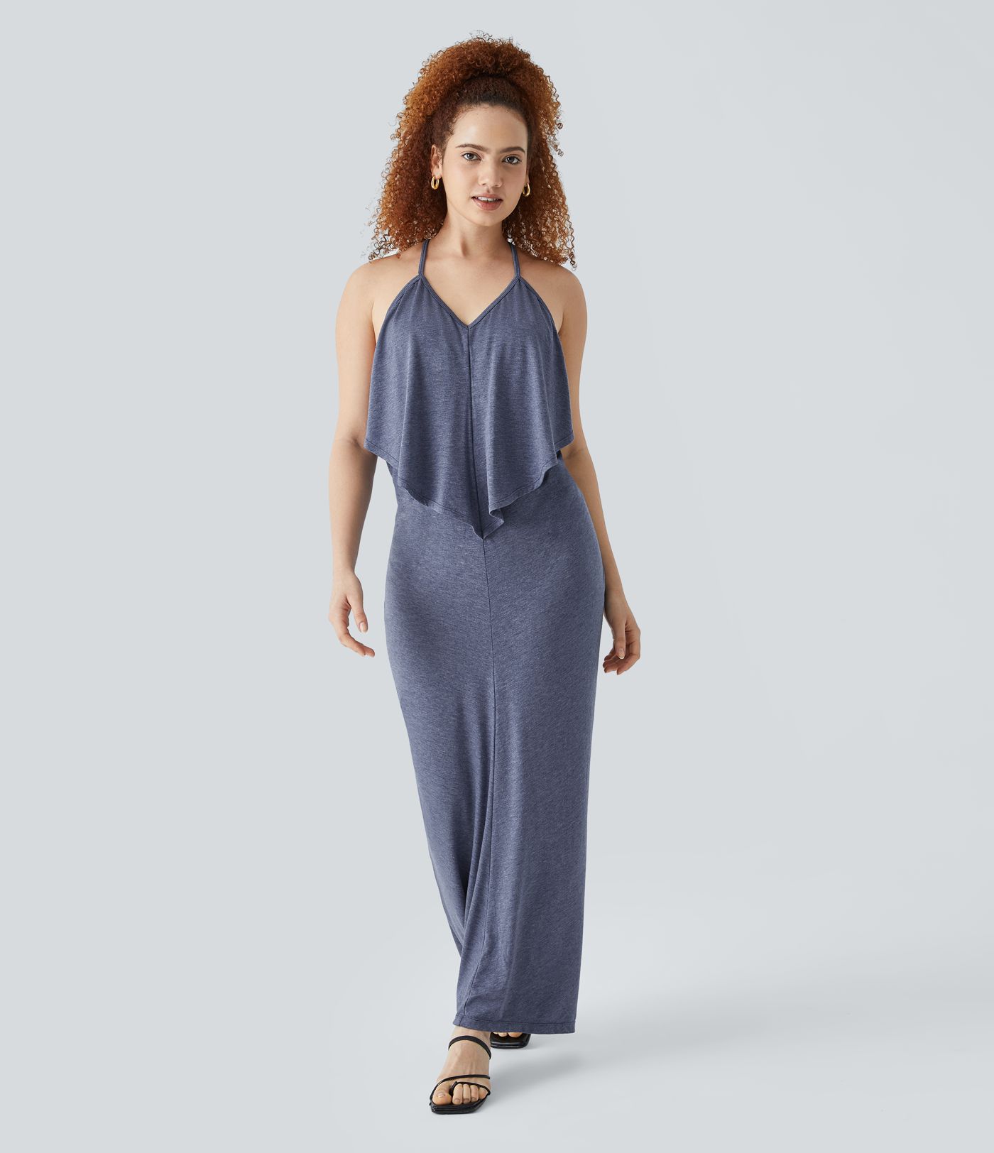 V Neck Tie Back Ruched Maxi Slip Dress