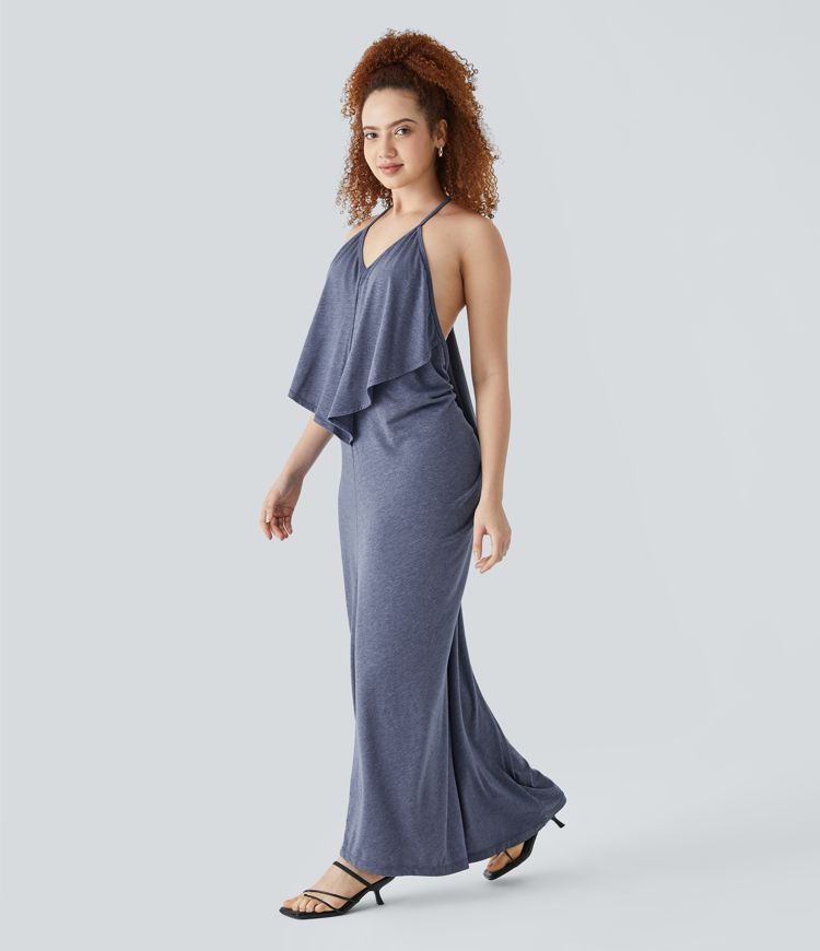 V Neck Tie Back Ruched Maxi Slip Dress