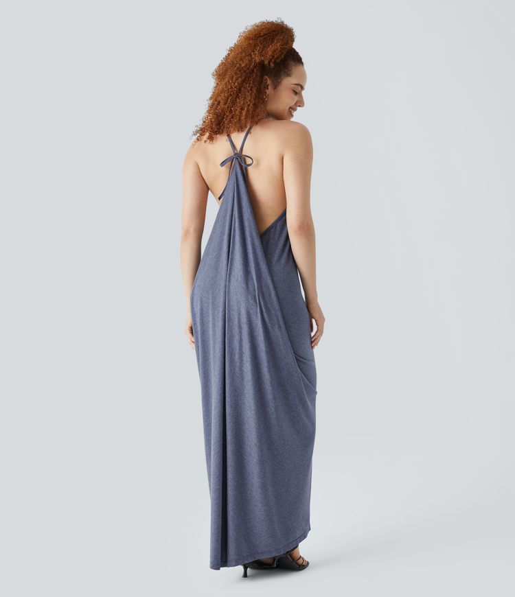 V Neck Tie Back Ruched Maxi Slip Dress