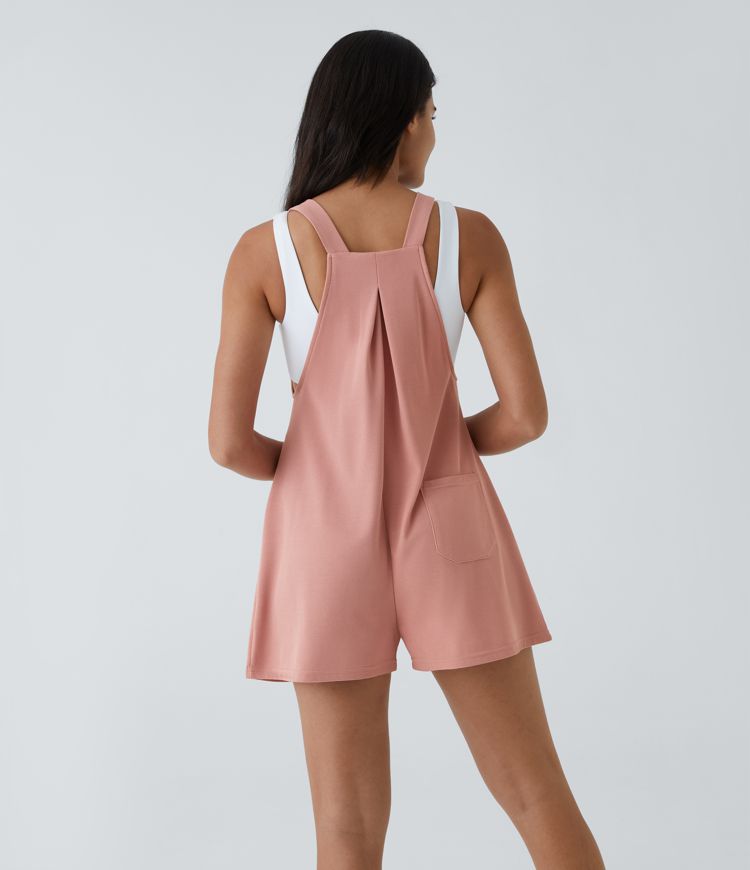 Adjustable Strap Button Multiple Pockets Plicated Waffle Casual Overalls