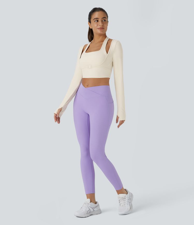 Top deportivo Softlyzero™ Plush yoga 2 en 1 recortado manga larga orificio para pulgar cuello halter