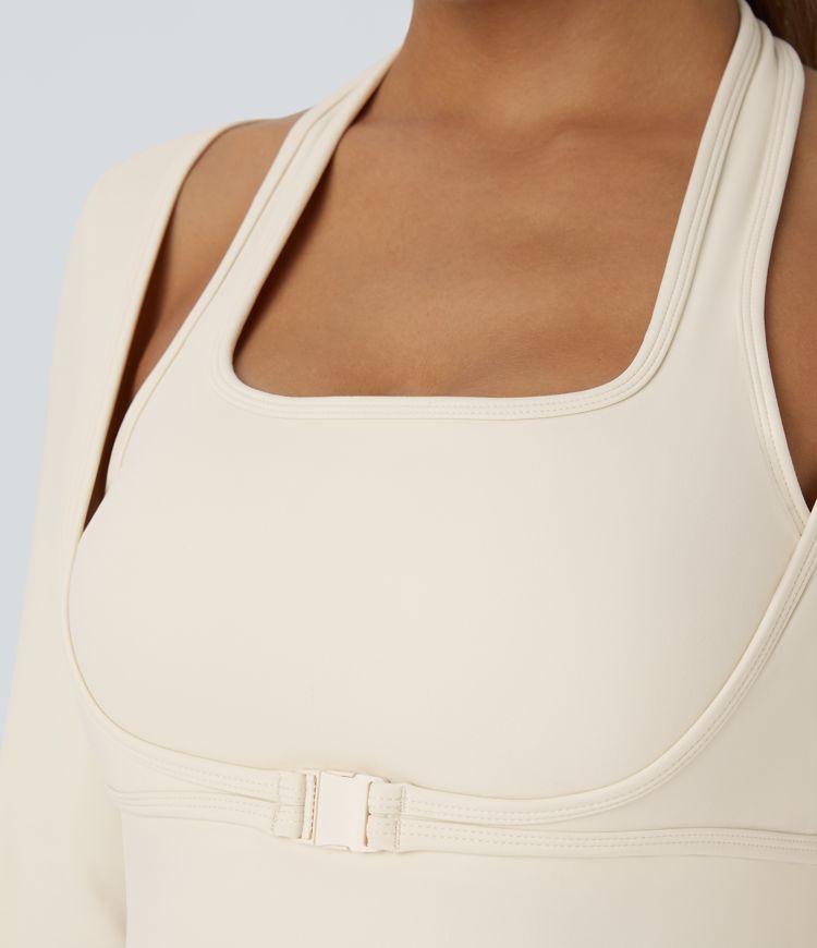 Top deportivo Softlyzero™ Plush yoga 2 en 1 recortado manga larga orificio para pulgar cuello halter