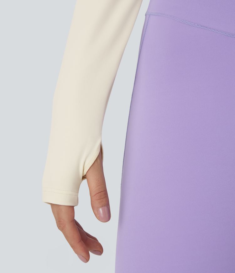 Top deportivo Softlyzero™ Plush yoga 2 en 1 recortado manga larga orificio para pulgar cuello halter