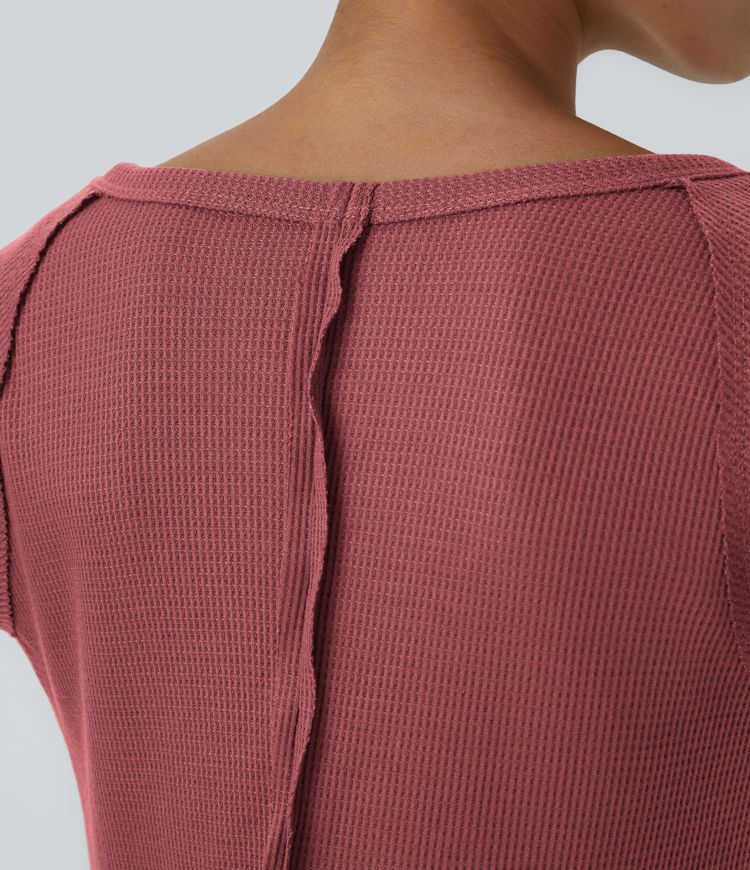 Boat Neck Raglan Sleeve Thumb Hole Hem Waffle Casual Sweatshirt Dress