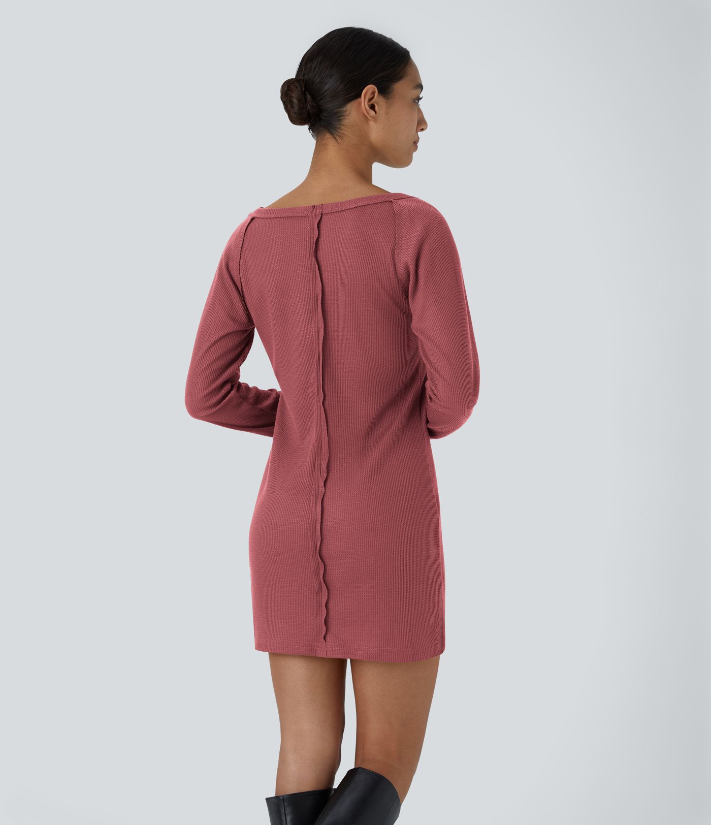 Boat Neck Raglan Sleeve Thumb Hole Hem Waffle Casual Sweatshirt Dress