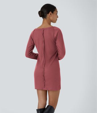 Boat Neck Raglan Sleeve Thumb Hole Hem Waffle Casual Sweatshirt Dress