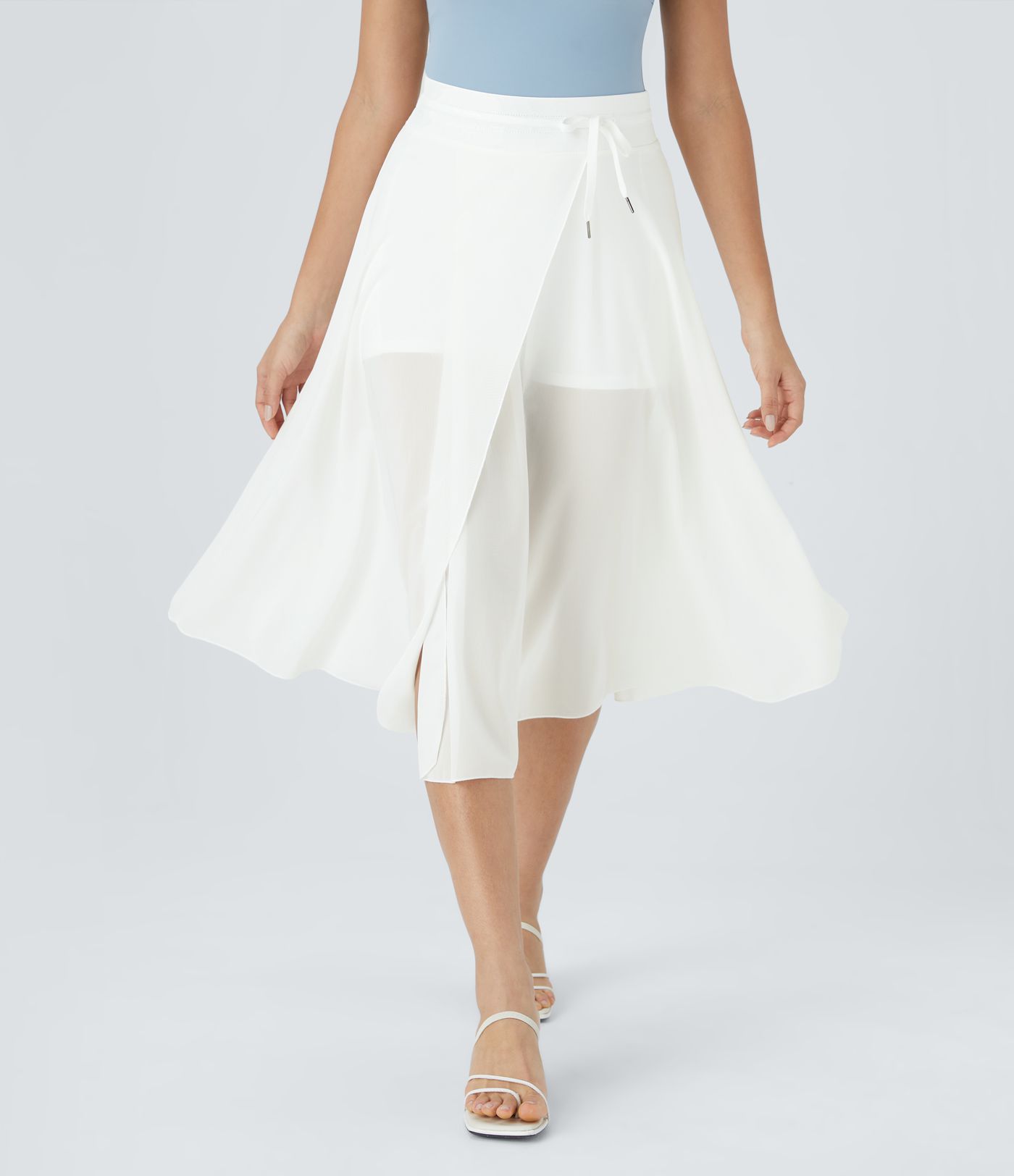 High Waisted Drawstring Contrast Mesh 2-in-1 Pocket Flowy Women Long Flare Smart Casual Midi Skirt