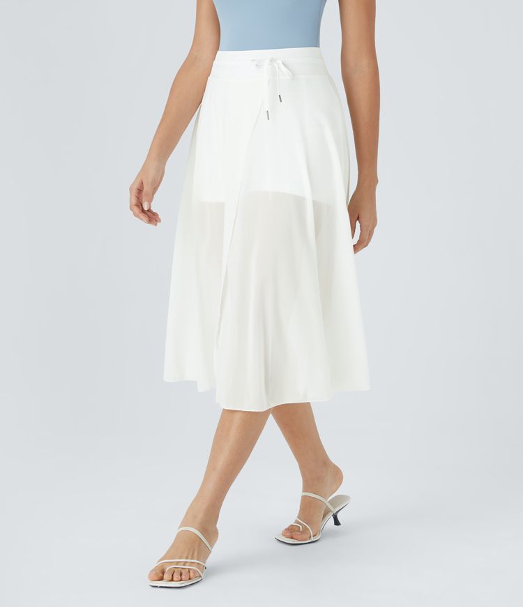 High Waisted Drawstring Contrast Mesh 2-in-1 Pocket Flowy Midi Flare Casual Skirt
