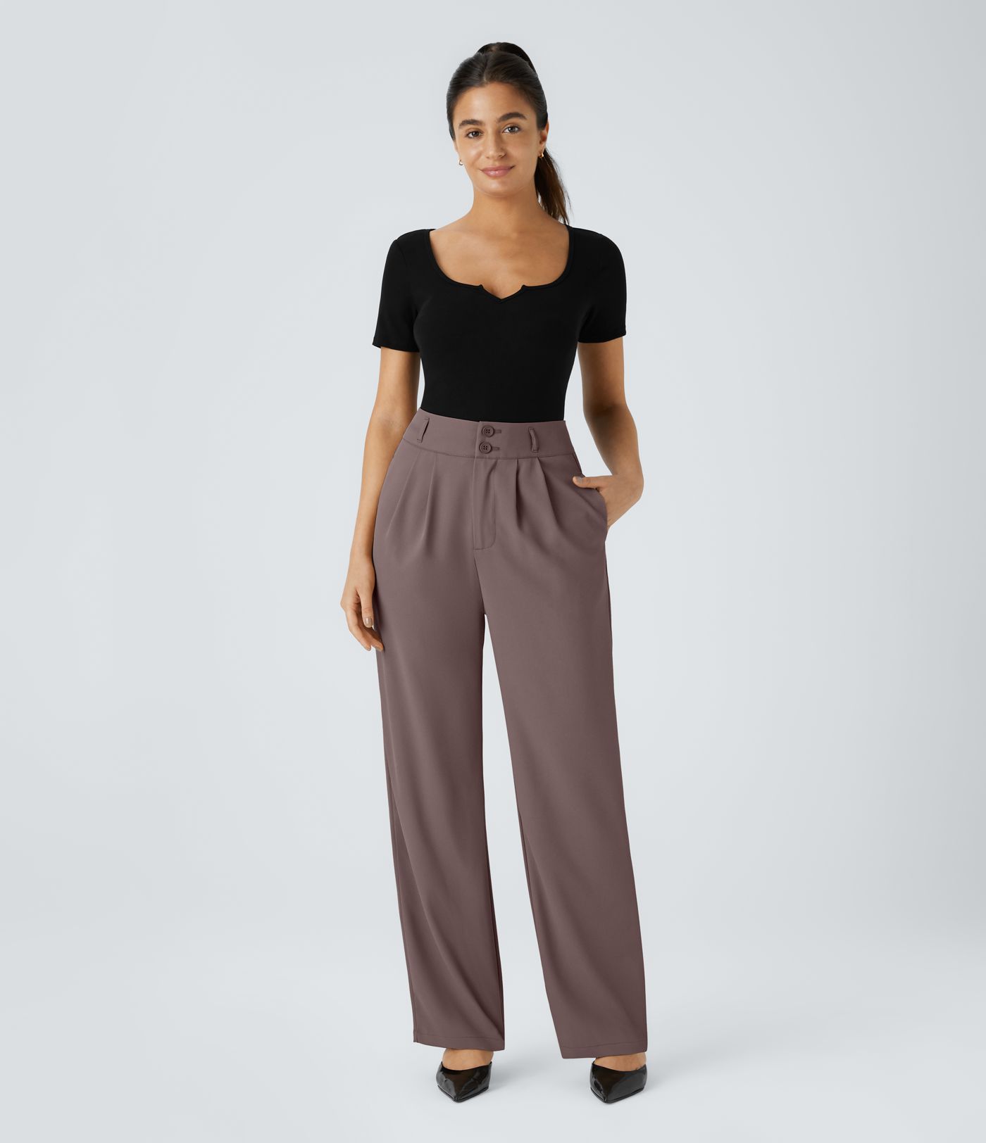 Pantalón oficina tiro alto botón cremallera bolsillo lateral fruncido pierna recta