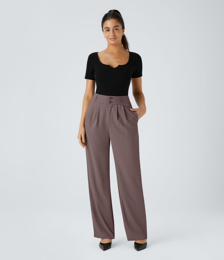 Pantalón oficina tiro alto botón cremallera bolsillo lateral fruncido pierna recta