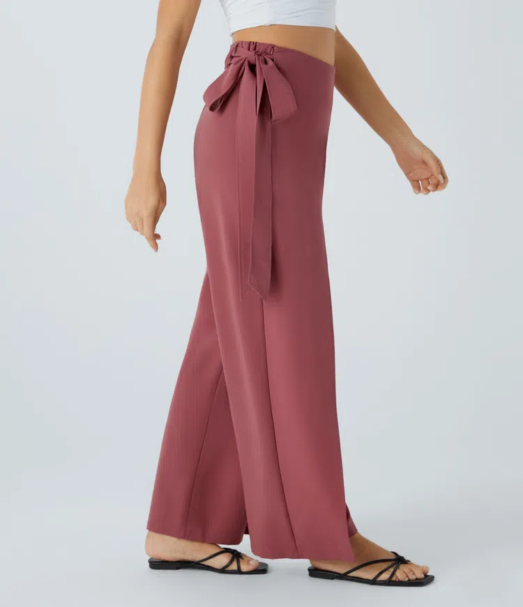 High-waisted straight vacation pants with invisible zipper side pockets tied on the sides