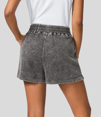 Short en Coton Casual Lavés à Taille Mi-haute avec Poches Latérales et Fente