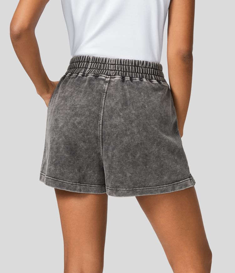 Short en Coton Casual Lavés à Taille Mi-haute avec Poches Latérales et Fente