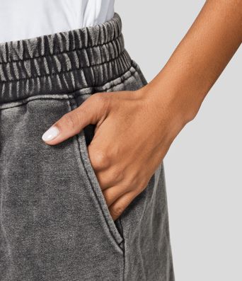 Short en Coton Casual Lavés à Taille Mi-haute avec Poches Latérales et Fente