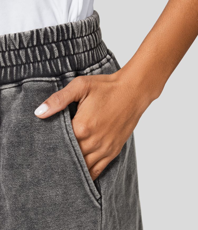 Short en Coton Casual Lavés à Taille Mi-haute avec Poches Latérales et Fente