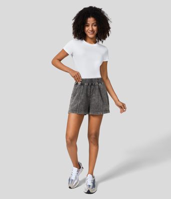 Short en Coton Casual Lavés à Taille Mi-haute avec Poches Latérales et Fente