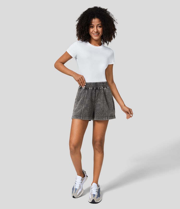Short en Coton Casual Lavés à Taille Mi-haute avec Poches Latérales et Fente