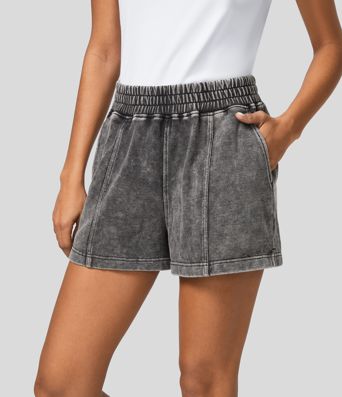 Short en Coton Casual Lavés à Taille Mi-haute avec Poches Latérales et Fente