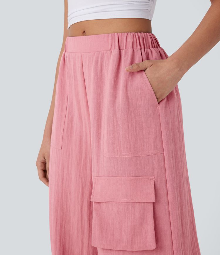 Pantalón cargo oficina tiro alto múltiple bolsillo pierna ancha tacto lino