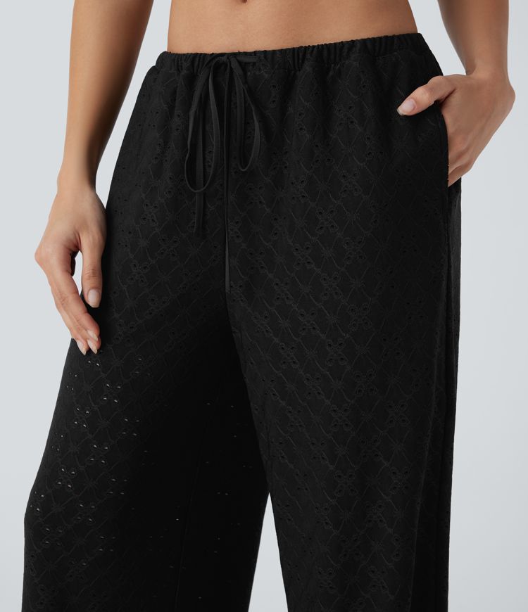 Low Rise Drawstring Pocket 2-in-1 Wide Leg Eyelet Embroidery Casual Pants