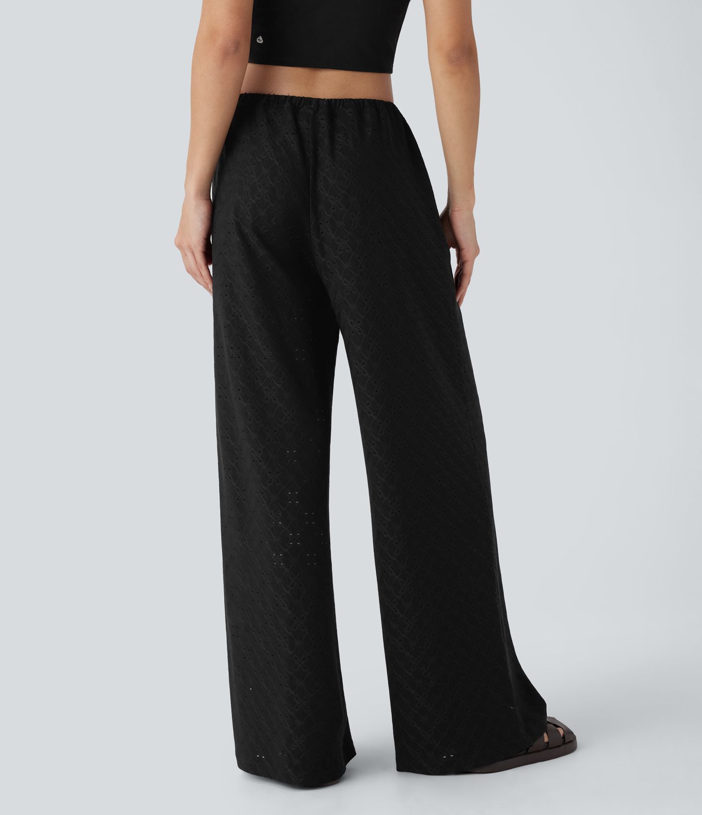 Low Rise Drawstring Pocket 2-in-1 Wide Leg Eyelet Embroidery Casual Pants