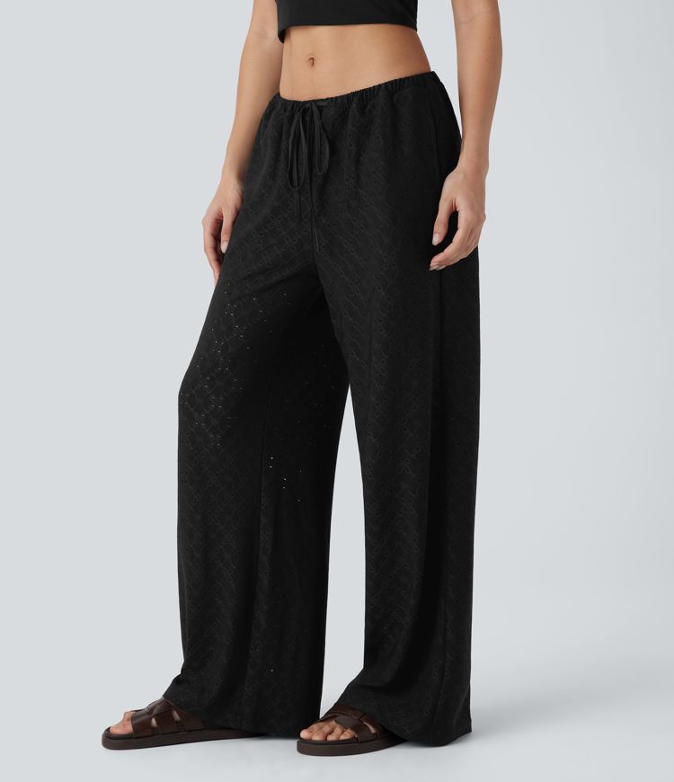 Low Rise Drawstring Pocket 2-in-1 Wide Leg Eyelet Embroidery Casual Pants