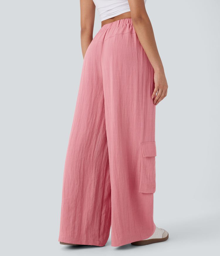 Pantalón cargo oficina tiro alto múltiple bolsillo pierna ancha tacto lino