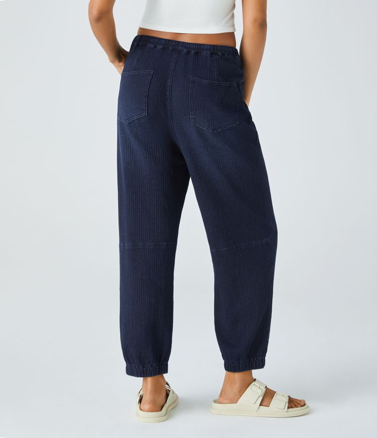 Halara Flex™ Jean Casual en Tricot Extensible Lavé Taille Mi-Haute avec Cordon de Serrage Poches Multiples