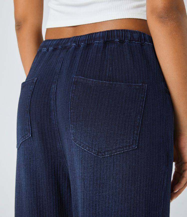 Halara Flex™ Jean Casual en Tricot Extensible Lavé Taille Mi-Haute avec Cordon de Serrage Poches Multiples