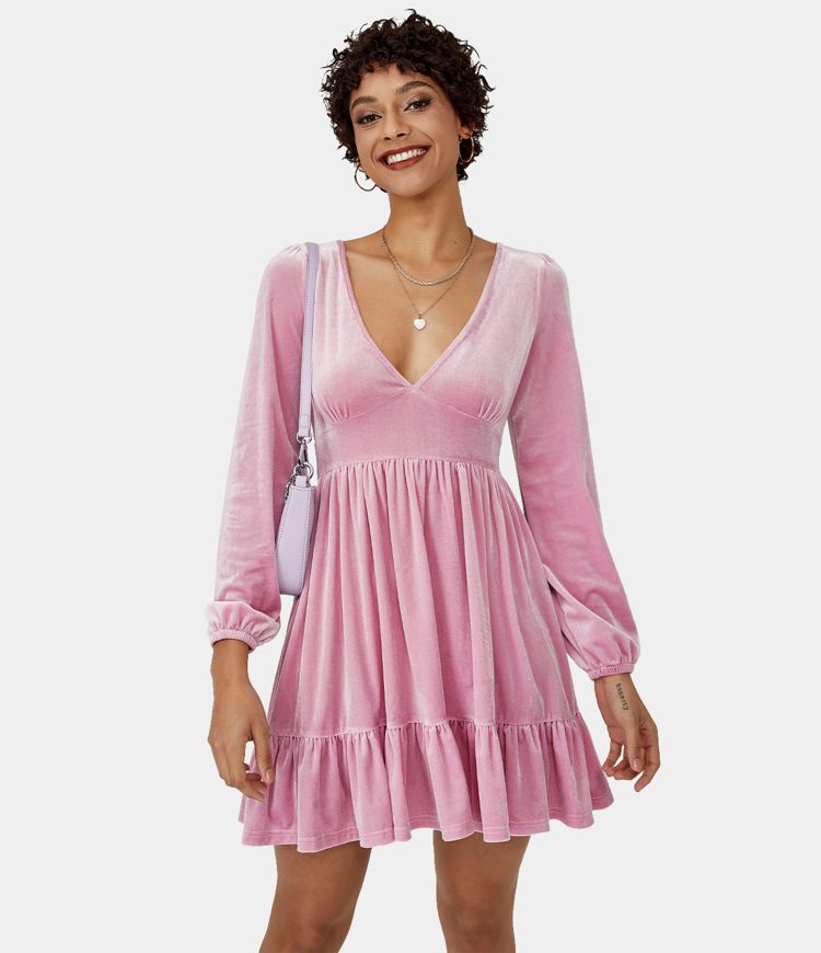 halara Everyday Deep V Neck Ruffled Hem Velvet Mini Chill Dress