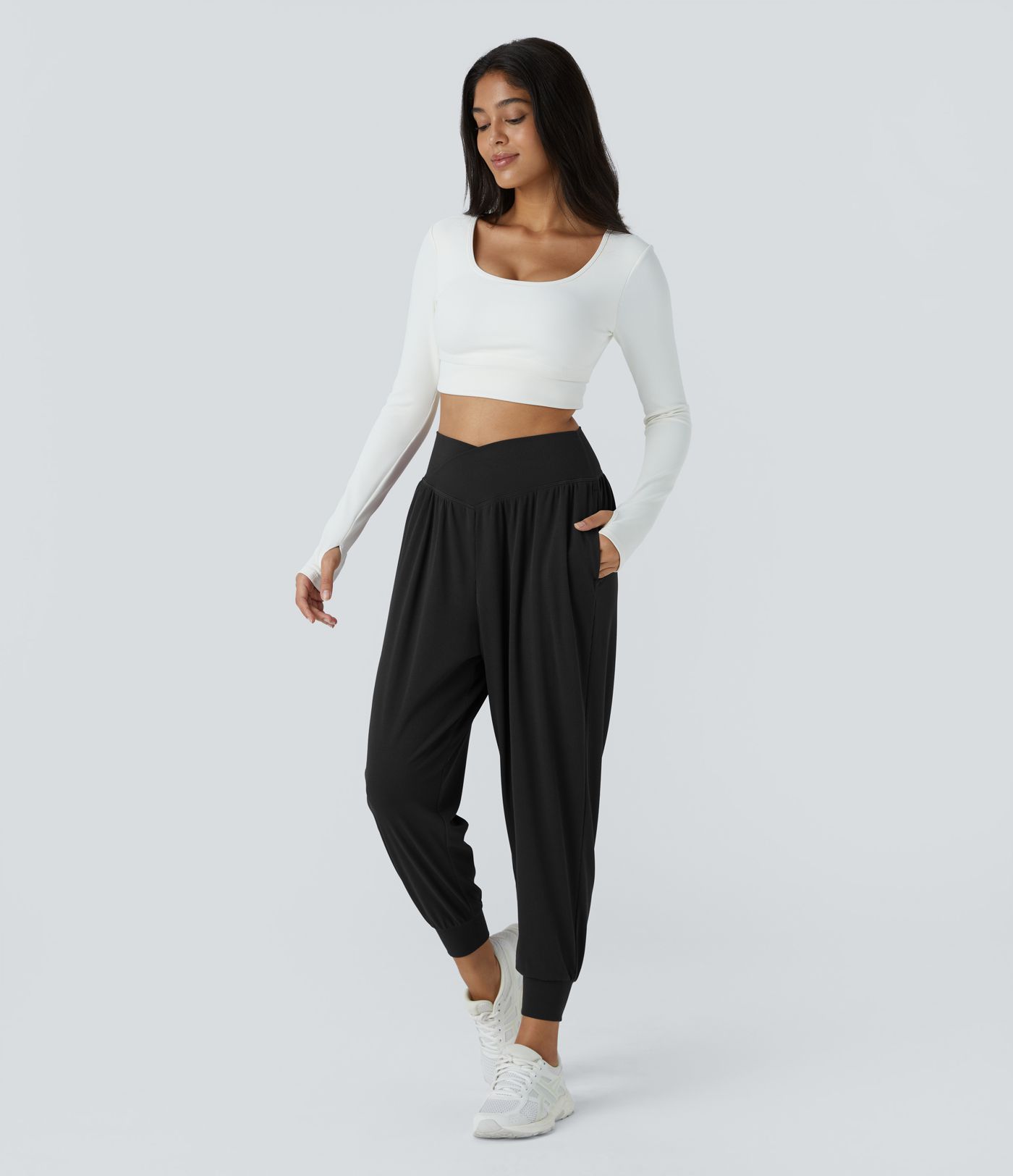 High Waisted Crossover Pocket Waffle Yoga Joggers