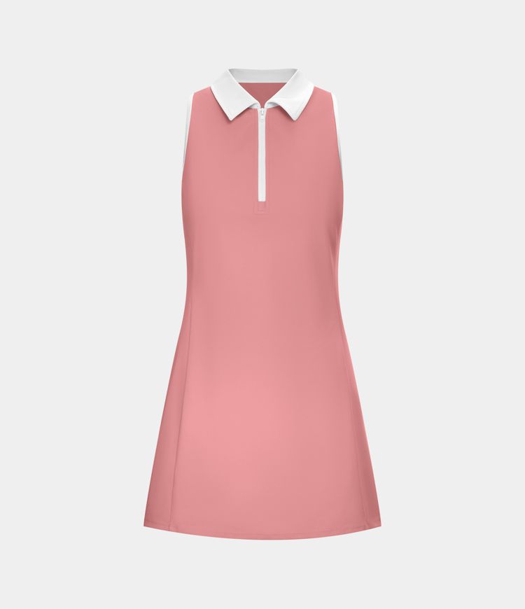 Color Block Collar Zipper Sleeveless 2-Piece Pocket Mini Golf Active Dress-Golf Tee Pocket