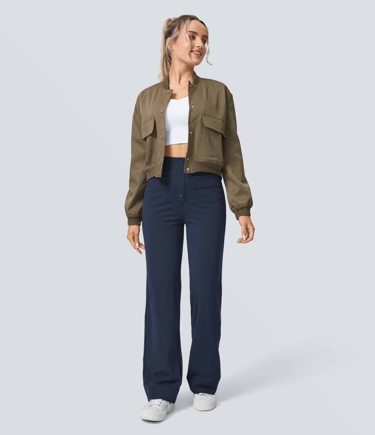 High Waisted Pockets Straight Leg Casual Pants