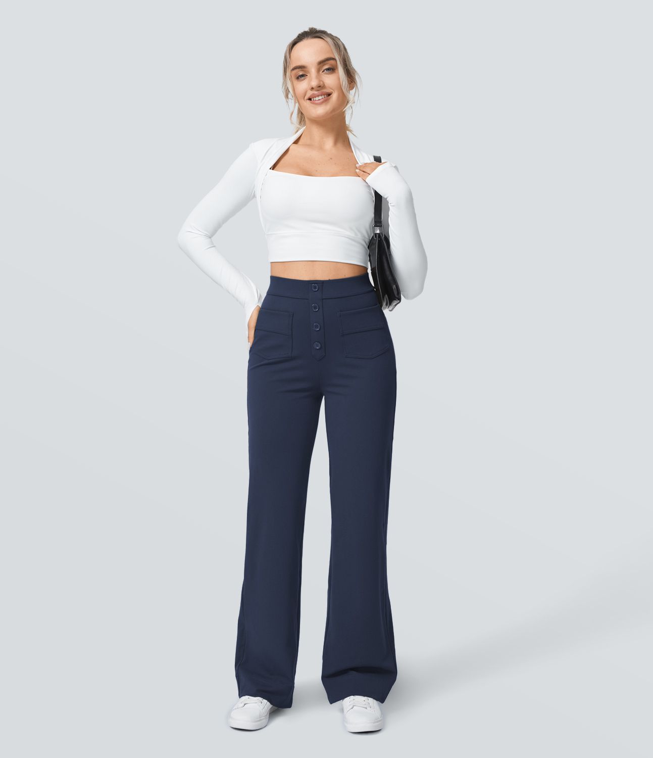 High Waisted Pockets Straight Leg Casual Pants