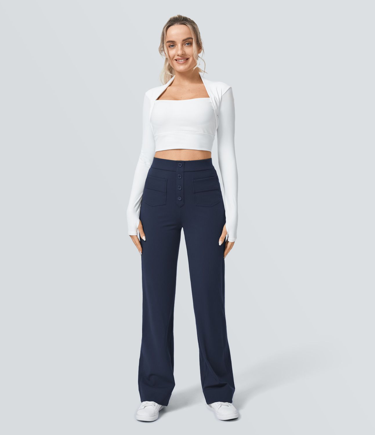High Waisted Pockets Straight Leg Casual Pants