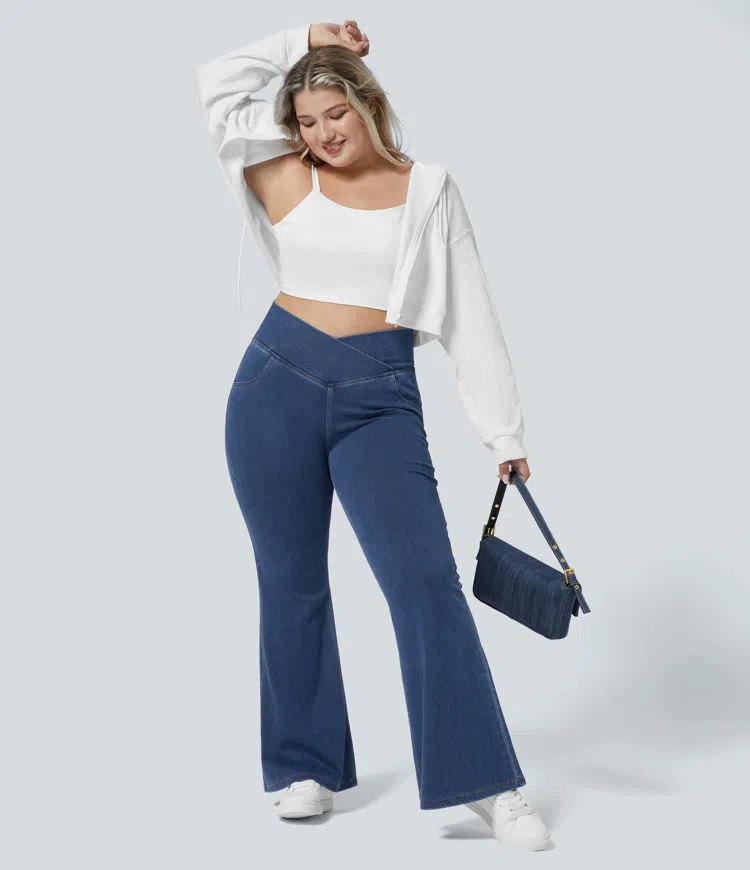 Women s Halara Flex High Waisted Crossover Pocket Washed Stretchy Knit Casual Plus Size Super Flare Jeans Halara