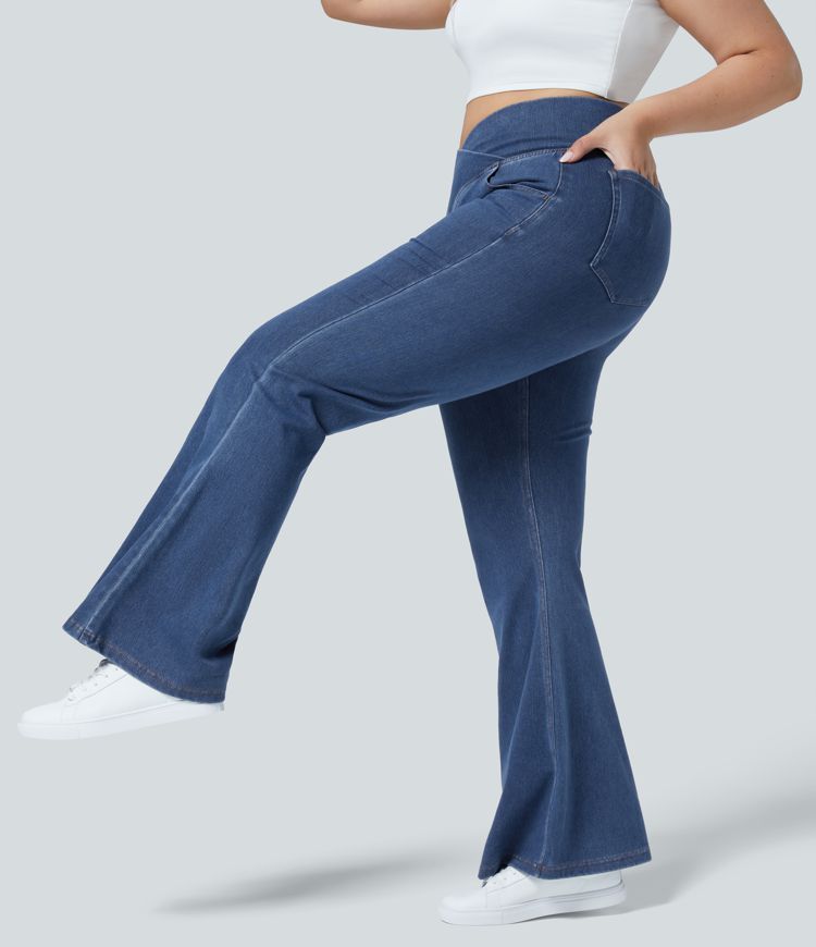 HalaraMagic™ High Waisted Crossover Pocket Washed Stretchy Knit Casual Plus Size Super Flare Jeans