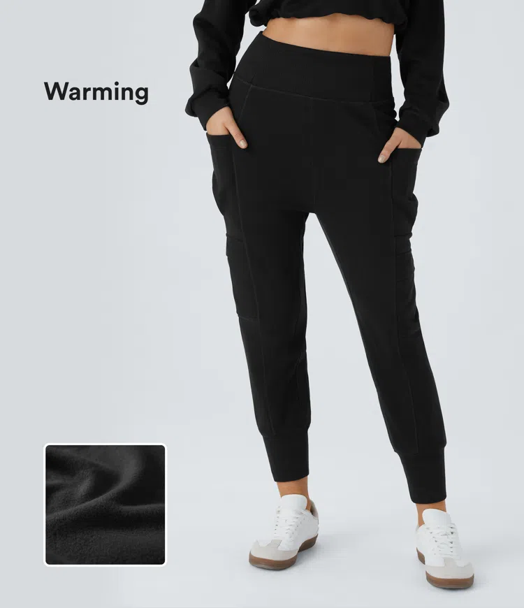 High waist foldover side pocket harem fleece casual cotton cargo jogging pants
