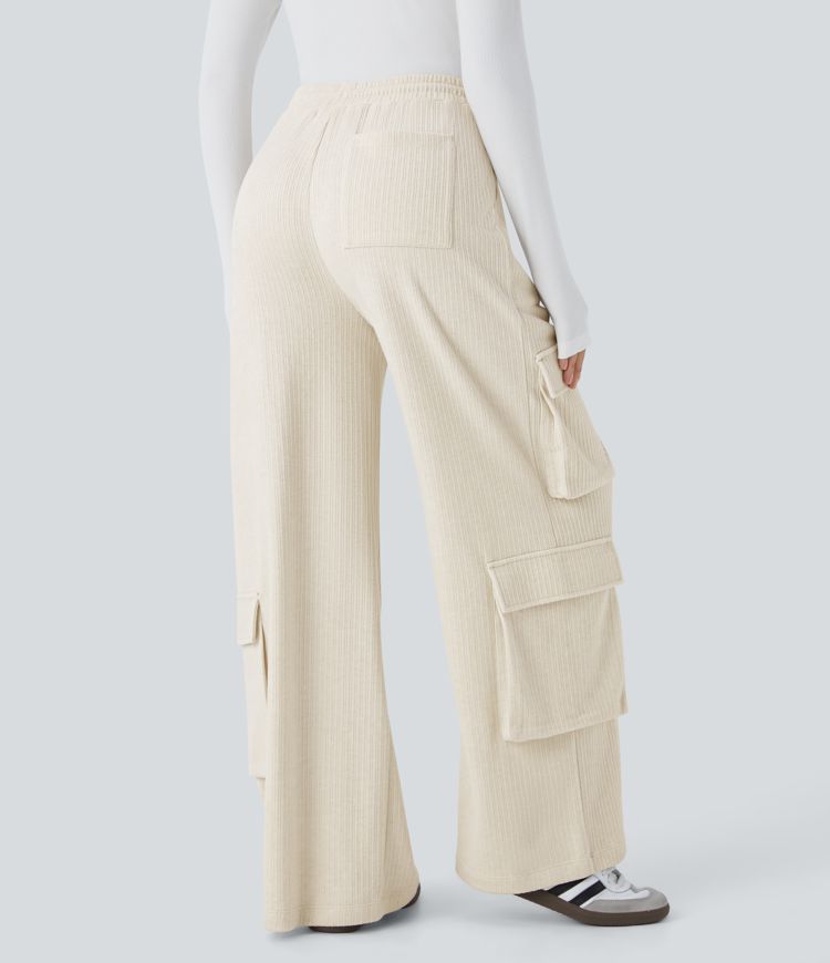 Ribbed Mid Rise Drawstring Pockets Wide Leg Cargo Casual Trousers