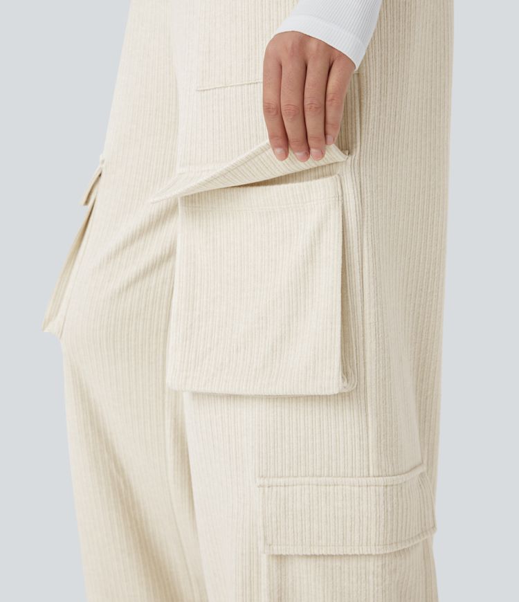 Ribbed Mid Rise Drawstring Pockets Wide Leg Cargo Casual Trousers