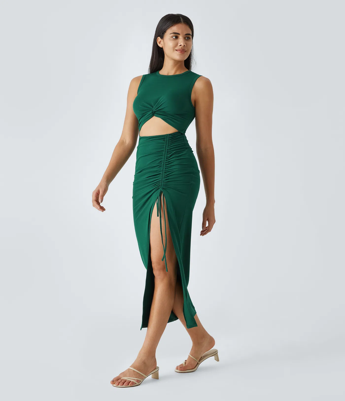 Vestido midi ajustado cuello redondo corte torcido cordón fruncido dobladillo dividido