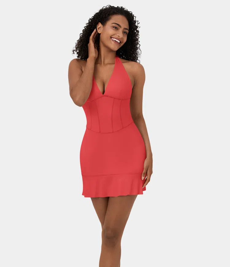 Softlyzero™ Airy Rückenfreies, geschnürtes Neckholder-Korsett mit Rüschensaum, Mini-Cool-Touch-Freizeitkleid mit Tiefer V-Ausschnitt