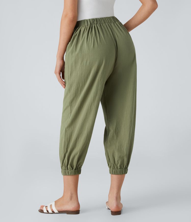 Pantalon Carotte Casual à Taille Haute avec Cordon de Serrage Poches Avant Boutons Décoratifs et Toucher Lin
