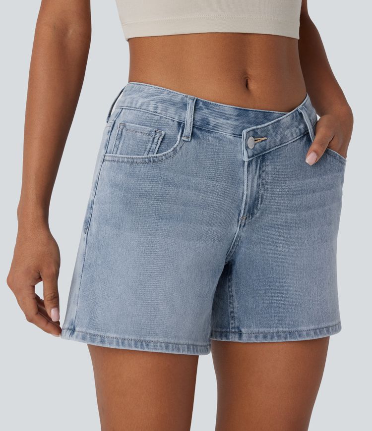 Short asymétrique en jean délavé Halara Flex™ taille basse à poches multiples