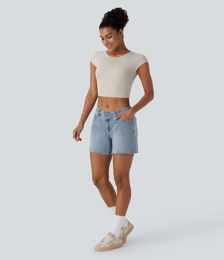 Short asymétrique en jean délavé Halara Flex™ taille basse à poches multiples