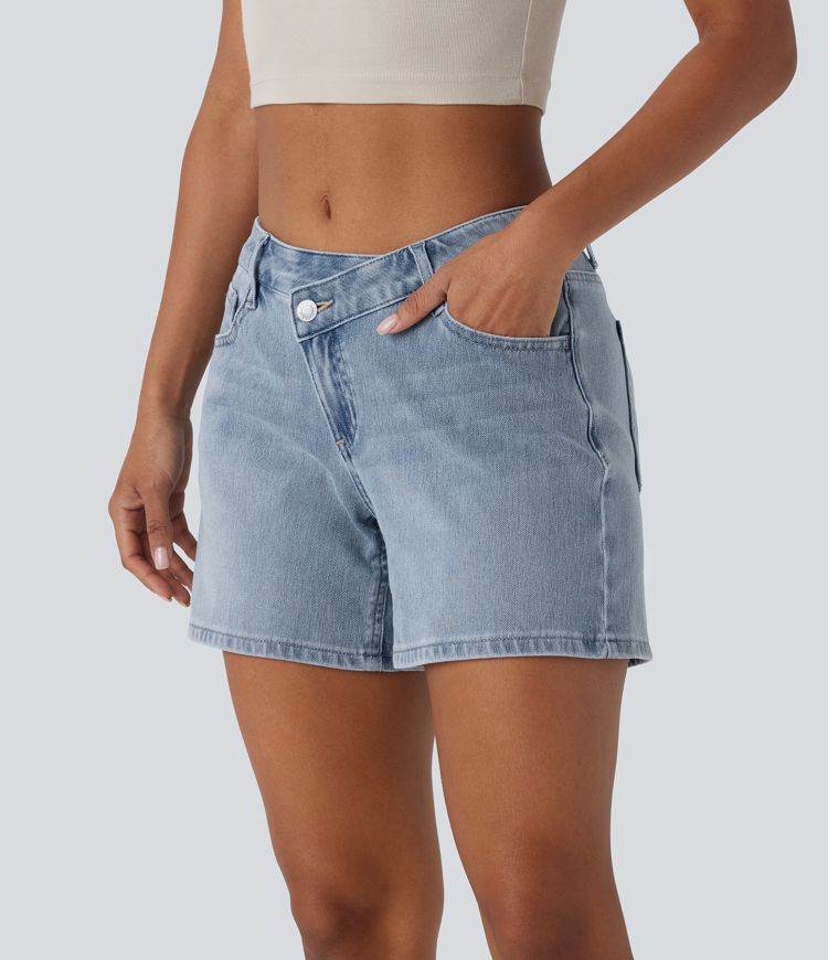 Halara Flex™ Asymmetric Low Rise Multiple Pockets Washed Stretchy Knit Denim Casual Shorts