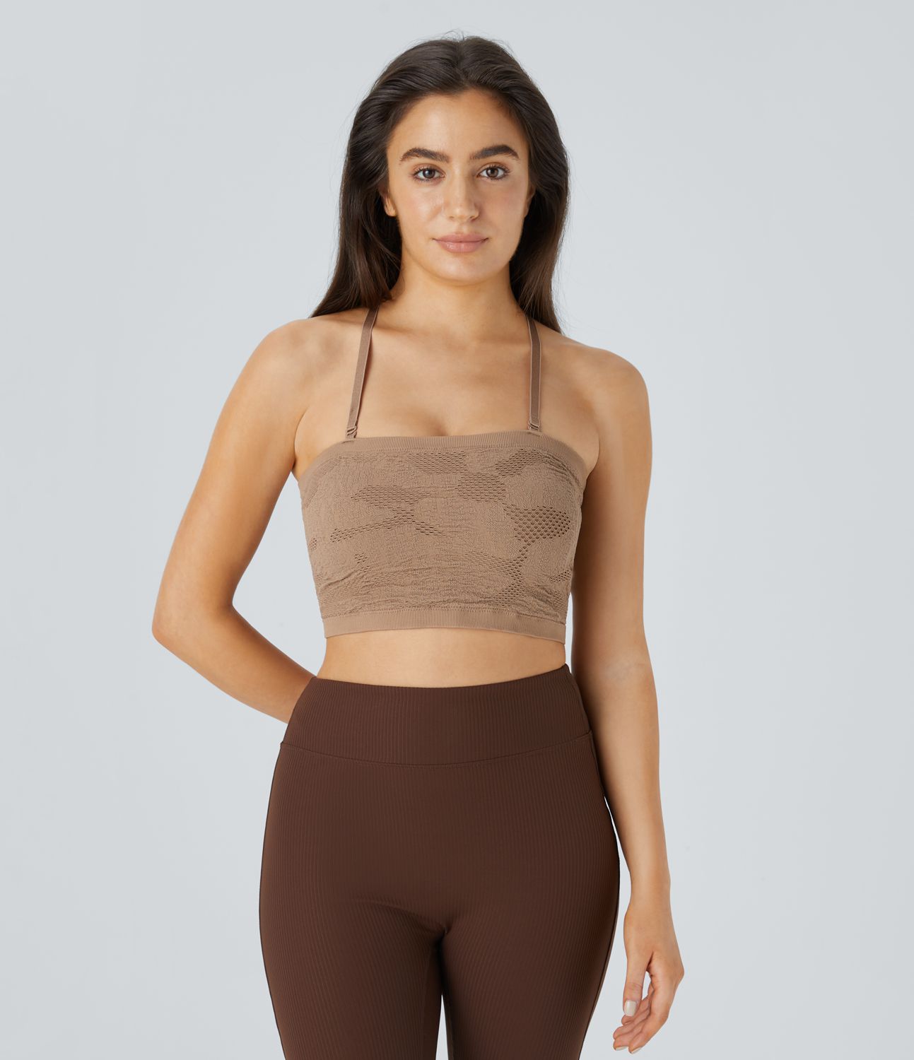 Top camisola yoga ajustado jacquard correa extraíble ajustable flujo sin costura